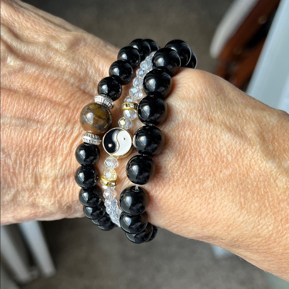 Black obsidian and tiger’s eye Bracelet Set with Yin Yang Charm and clear quartz